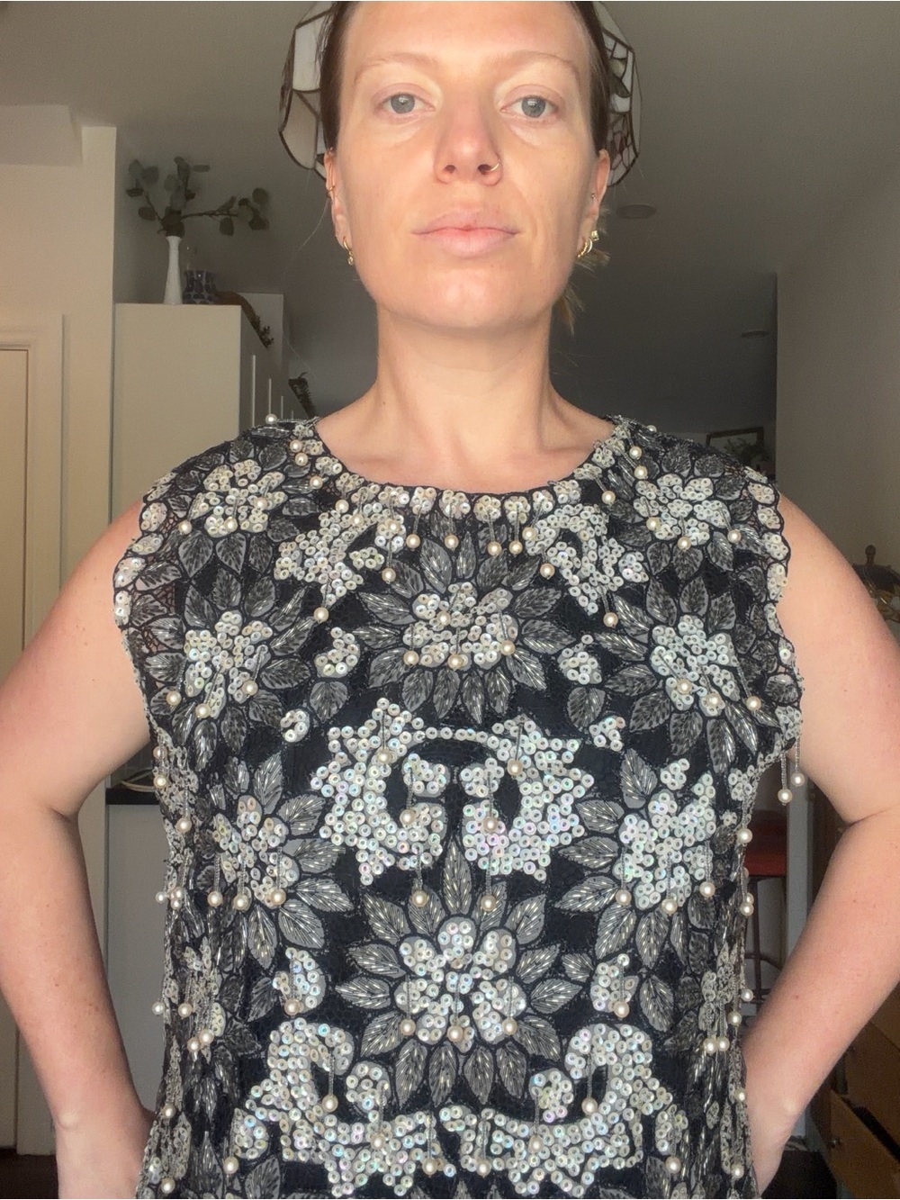 Vintage 60s Embellished Black Floral Beaded and pearls Shift Dress with slip - Picture 10 of 17